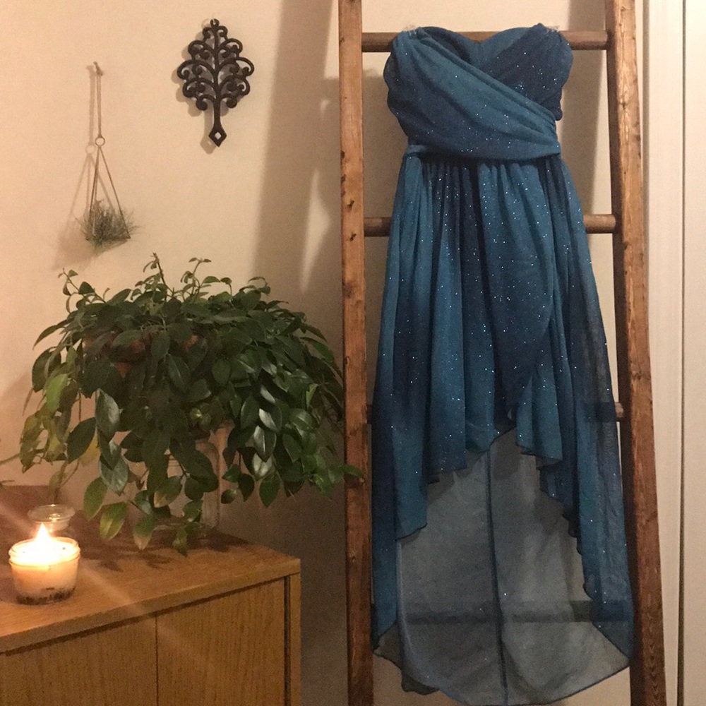 Juniors Strapless High Low Formal Blue Dress